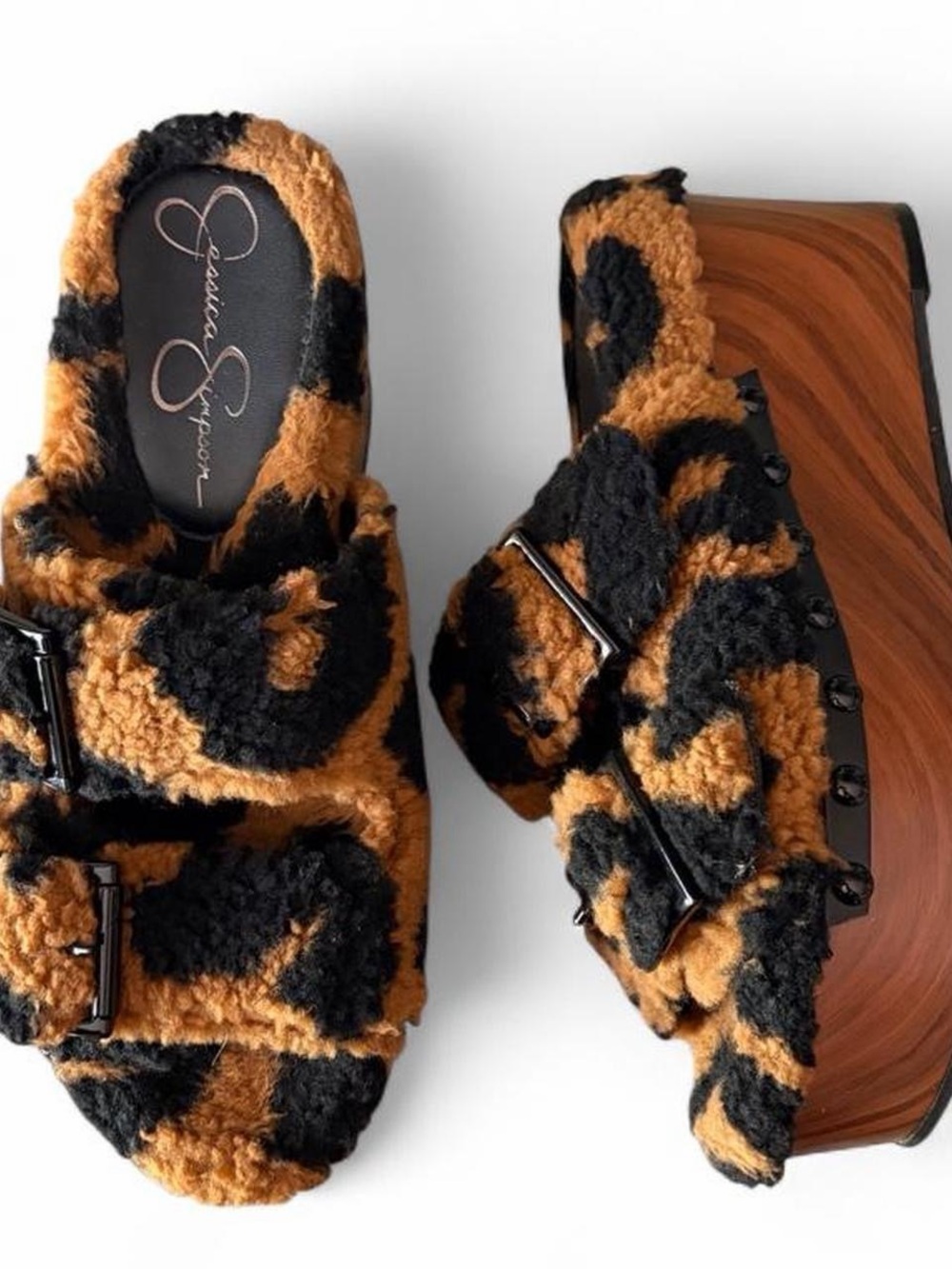 Jessica Simpson Black and Tan Faux-Sherpa Leopard-Print Platform Clogs